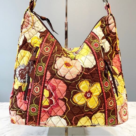 Vera Bradley Floral Quilted Shoulder Hobo Boho Hippie Brown Pink Women's Handbag - Picture 3 of 11